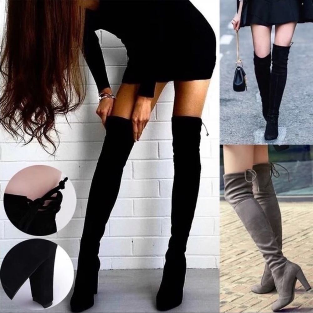 New! Vegan Suede Black Two Tone Over The Knee Boot